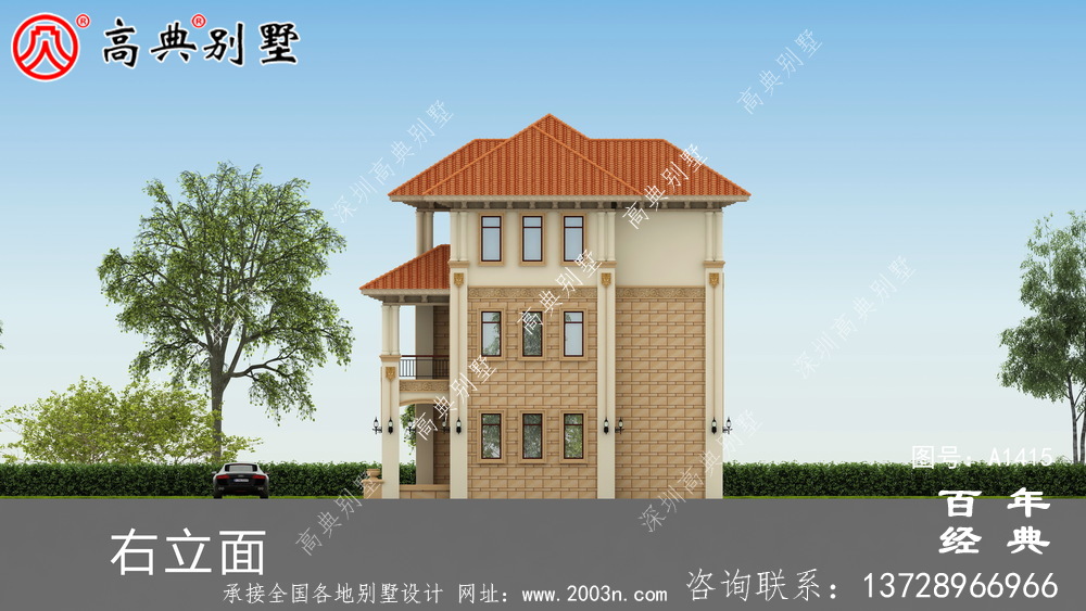 农村三层欧式小别墅外观效果图设计图_乡村别墅工程图纸