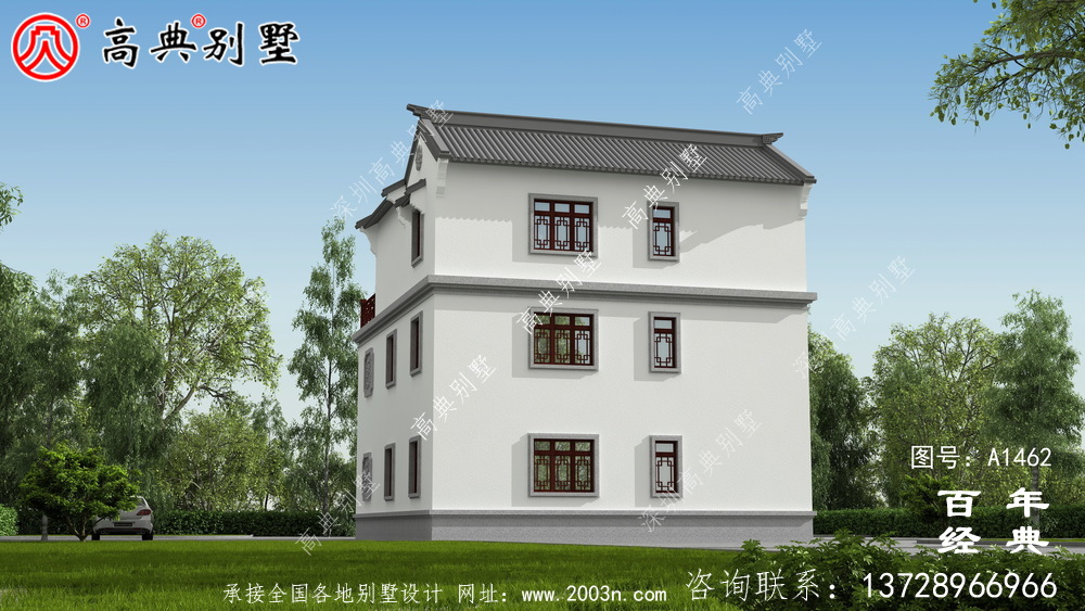 新中式三層帶露臺農村別墅設計圖紙_鄉村別墅工程圖紙