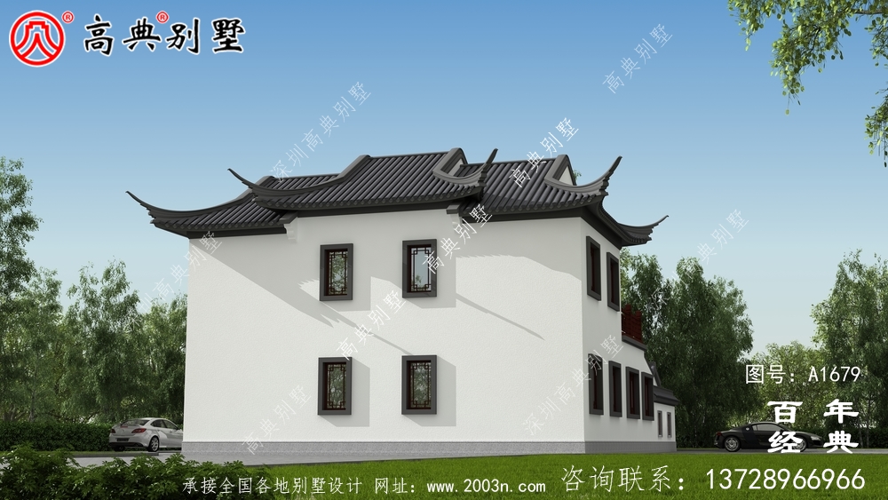 苏式园林两层新中式带庭院别墅外观效果图_农村三层别墅设计