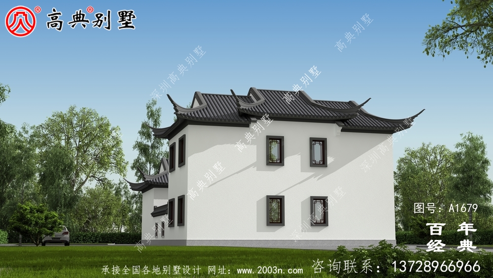 苏式园林两层新中式带庭院别墅外观效果图_农村三层别墅设计