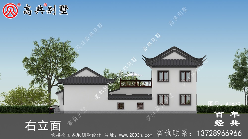 苏式园林两层新中式带庭院别墅外观效果图_农村三层别墅设计