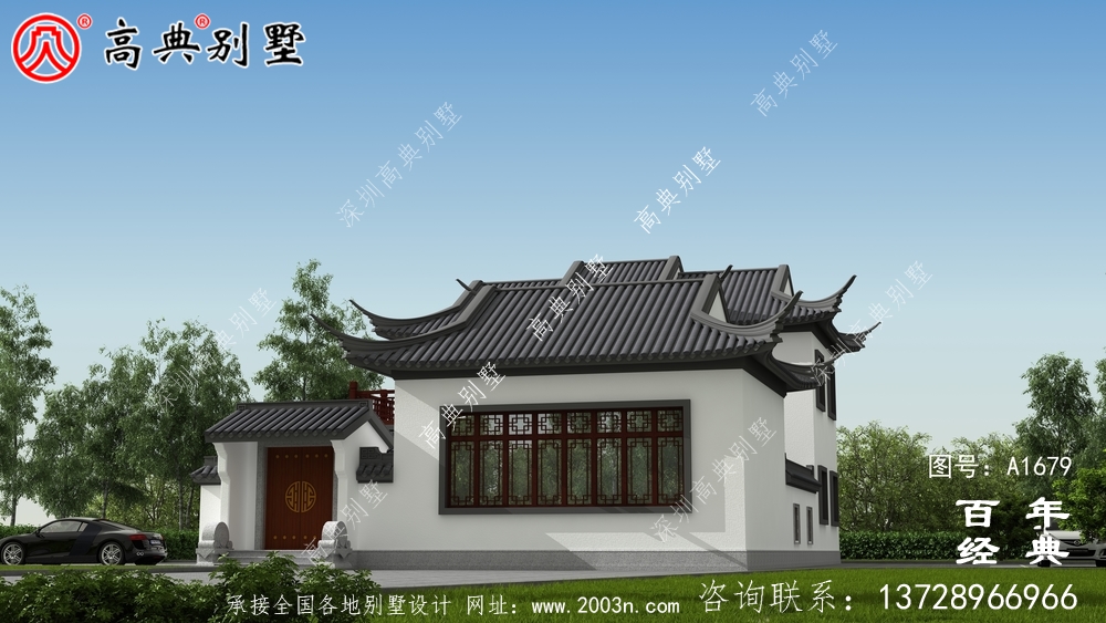 苏式园林两层新中式带庭院别墅外观效果图_农村三层别墅设计