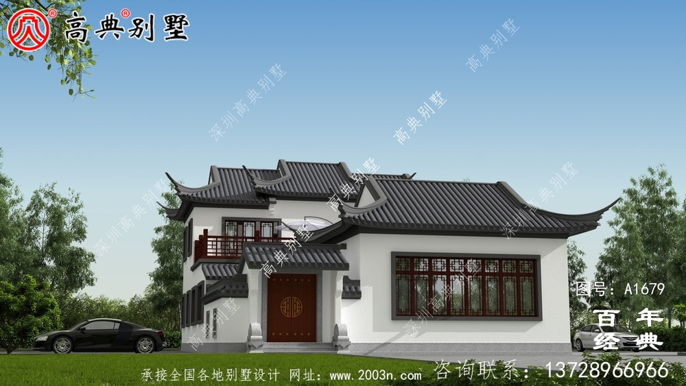 苏式园林两层新中式带庭院别墅外观效果图_农村三层别墅设计