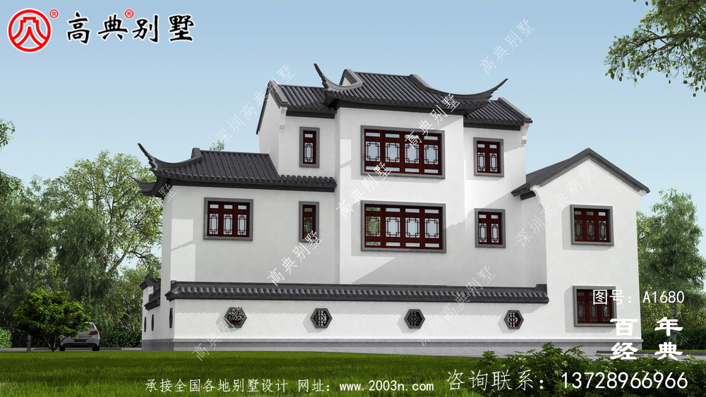 乡村三层新中式别墅效果图_农村三层别墅设计