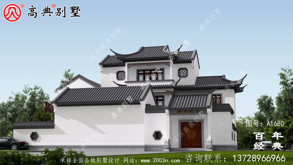 乡村三层新中式别墅效果图_农村三层别墅设计
