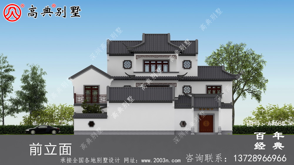 乡村三层新中式别墅效果图_农村三层别墅设计