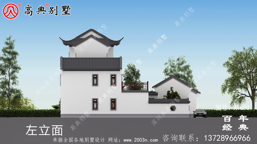 乡村三层新中式别墅效果图_农村三层别墅设计