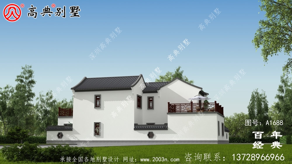 新中式两层带庭院农村别墅设计图纸效果图_农村两层别墅设计