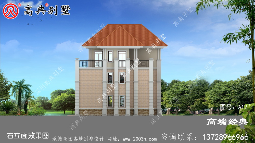 奢华不浮夸的欧式三层别墅设计效果图,带挑空大厅落地窗
