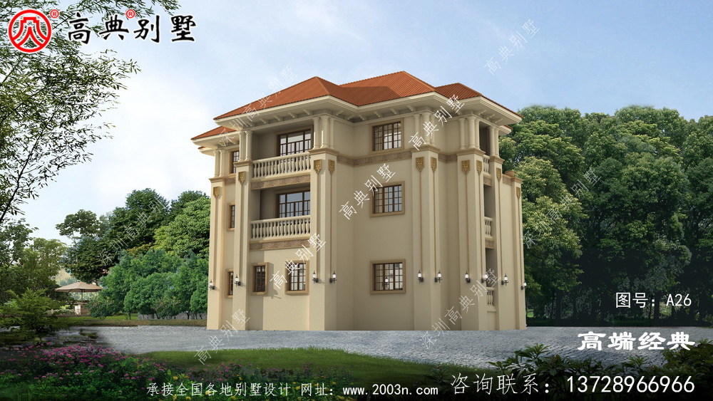 美观实用的欧式三层别墅,带复式大厅设计图