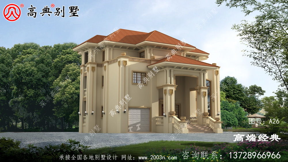 美观实用的欧式三层别墅,带复式大厅设计图