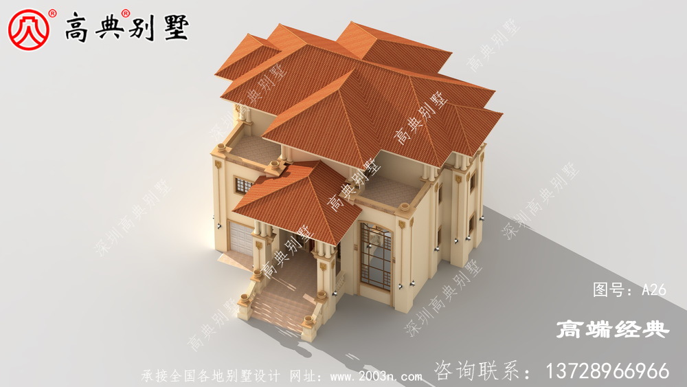 美观实用的欧式三层别墅,带复式大厅设计图