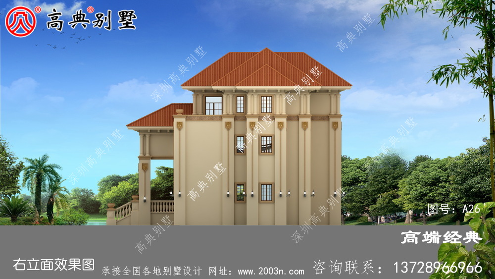 美观实用的欧式三层别墅,带复式大厅设计图