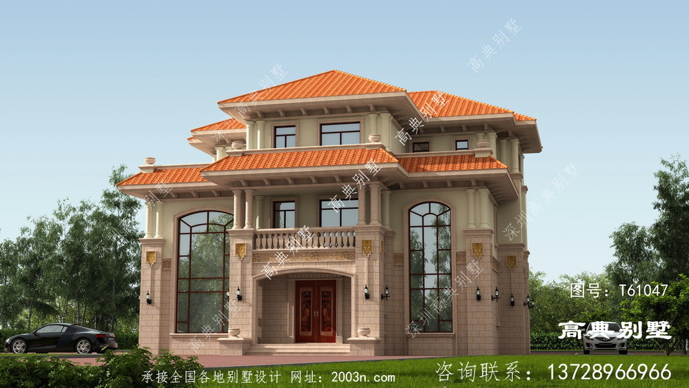欧式风格三层别墅外墙贴石材设计图纸